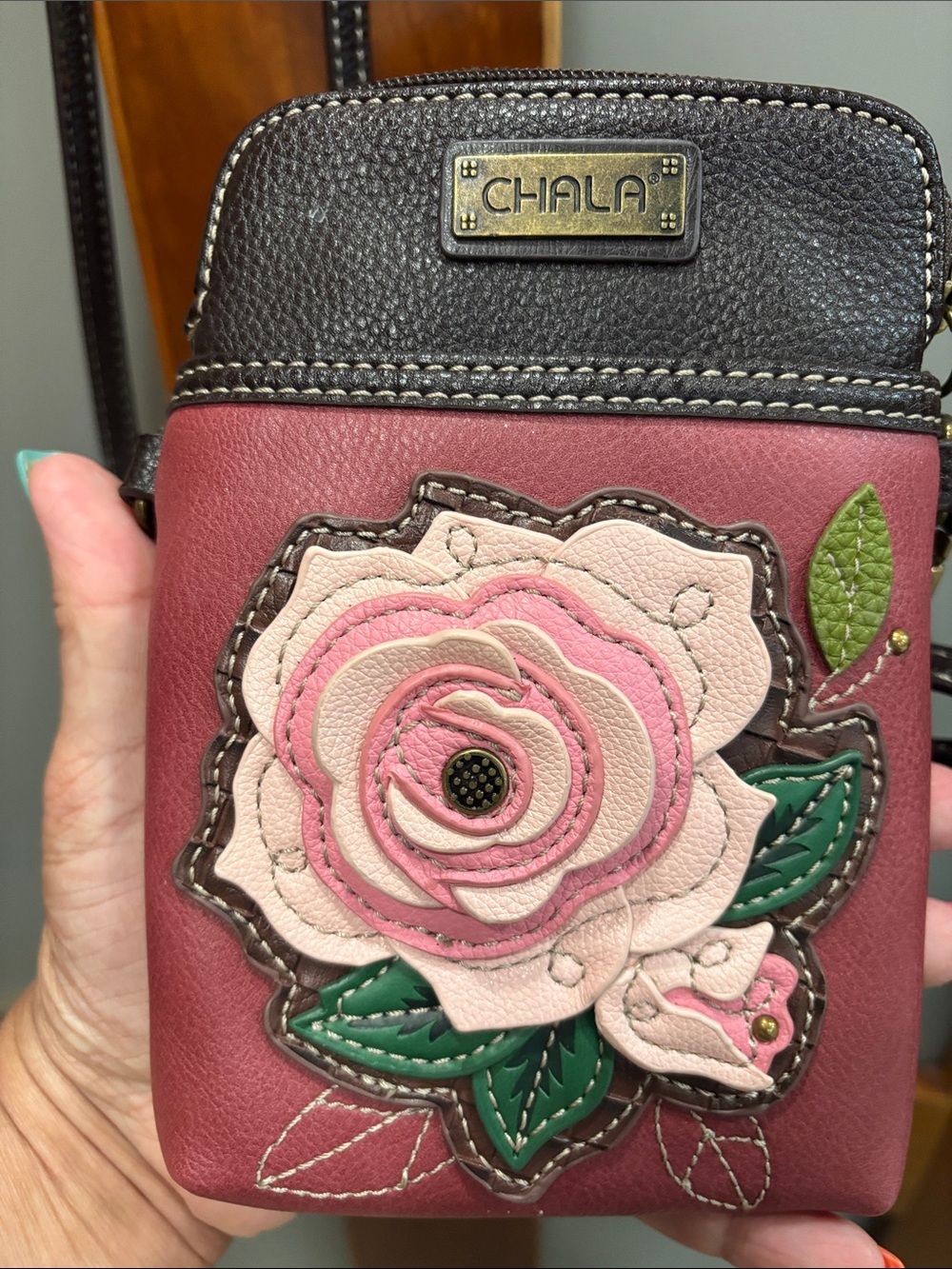 Chala Burgundy Crossbody with Pink Rose Applique